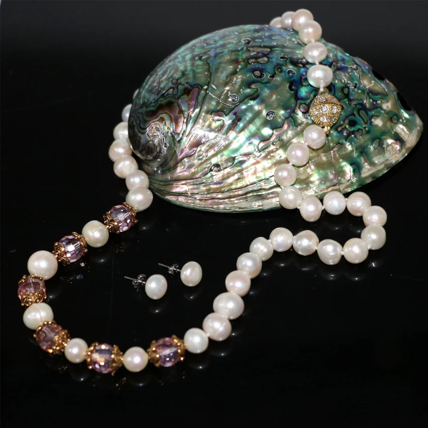 9-10 мм натуральный белый жемчуг бусы цепочка ожерелье серьги для женщин