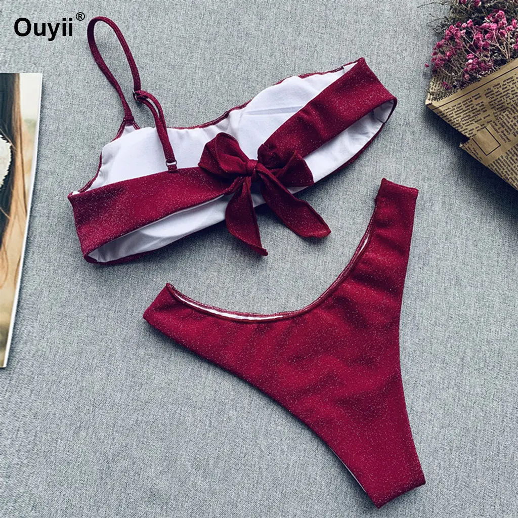 Сексуальное бикини на одно плечо для женщин бандо Одноцветный купальник с низкой