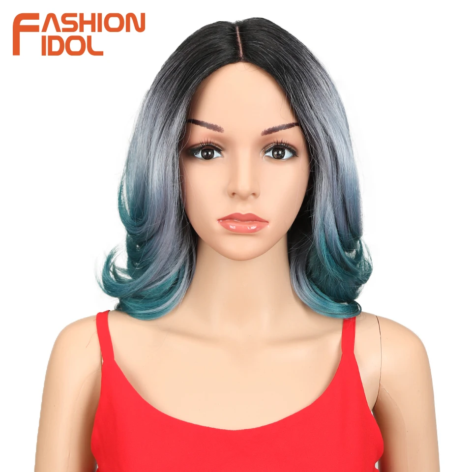 FASHION IDOL Synthetic Hair Short Wigs For Black Women Crack Lace Front Wig Ombre 14 Inch Heat Resistant | Шиньоны и парики