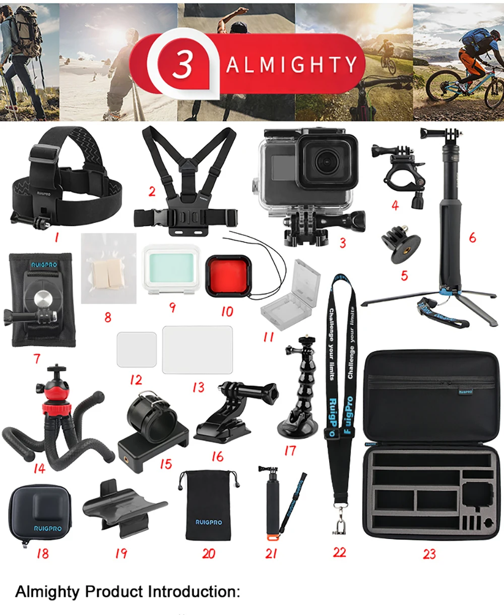 Ruigpro для спортивной камеры gopro, набор для начинающих, для дайвинга, верховой езды, альпинизма, автоспуска, аксессуары для съемки