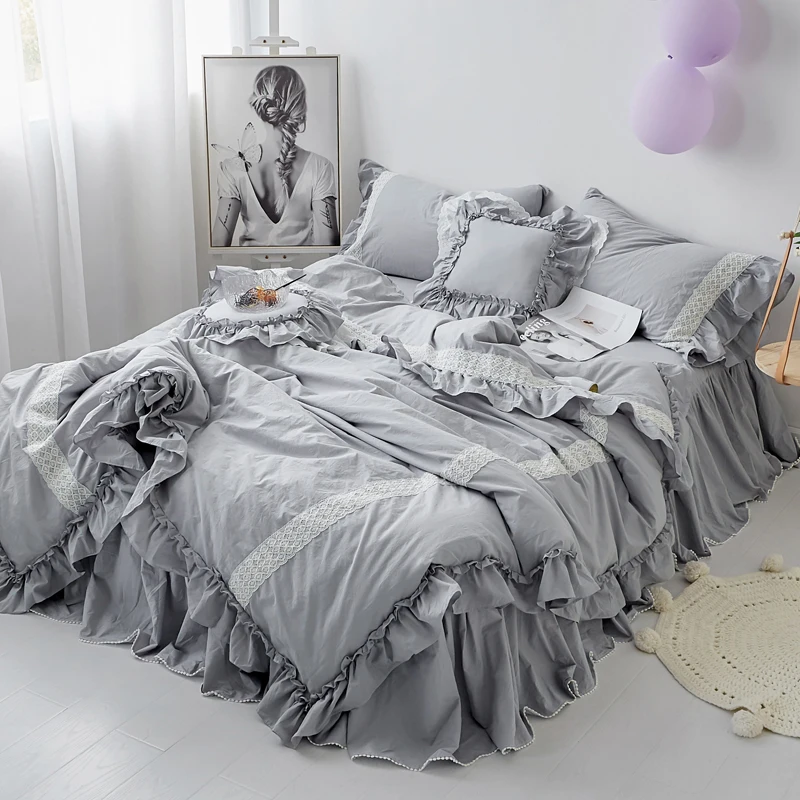 

Grey Pink Lotus Korea Princess Bed Sets Girls Ruffles Bedding Set Romantic Bed Cover Set for Girls Bedskirt Twin Queen King size