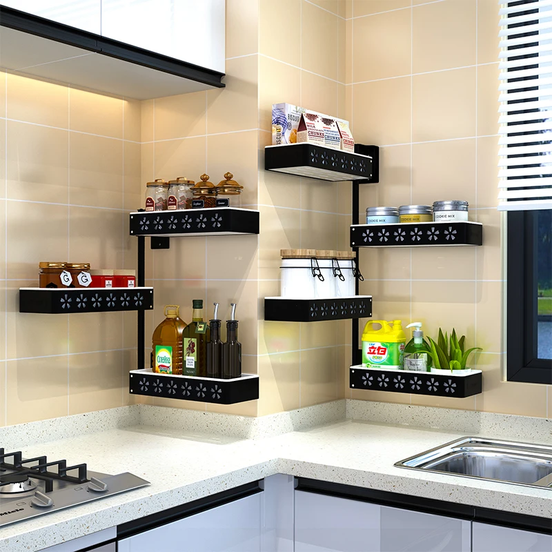 Kitchen Shelf Black Corner Rotating Condiment Rack Hole-free Wall Hanging Multi-function Saving Space | Дом и сад
