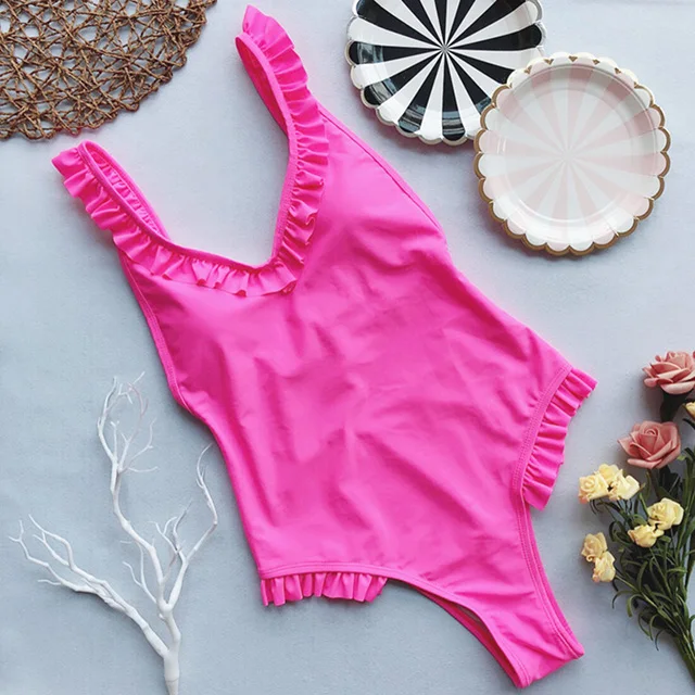 B637Pink Гофрированный купальник, сдельный купальник, женский розовый бикини, Женские сексуальные стринги, монокини,, открытая спина, трикини, бразильский купальник - Цвет: B637Pink