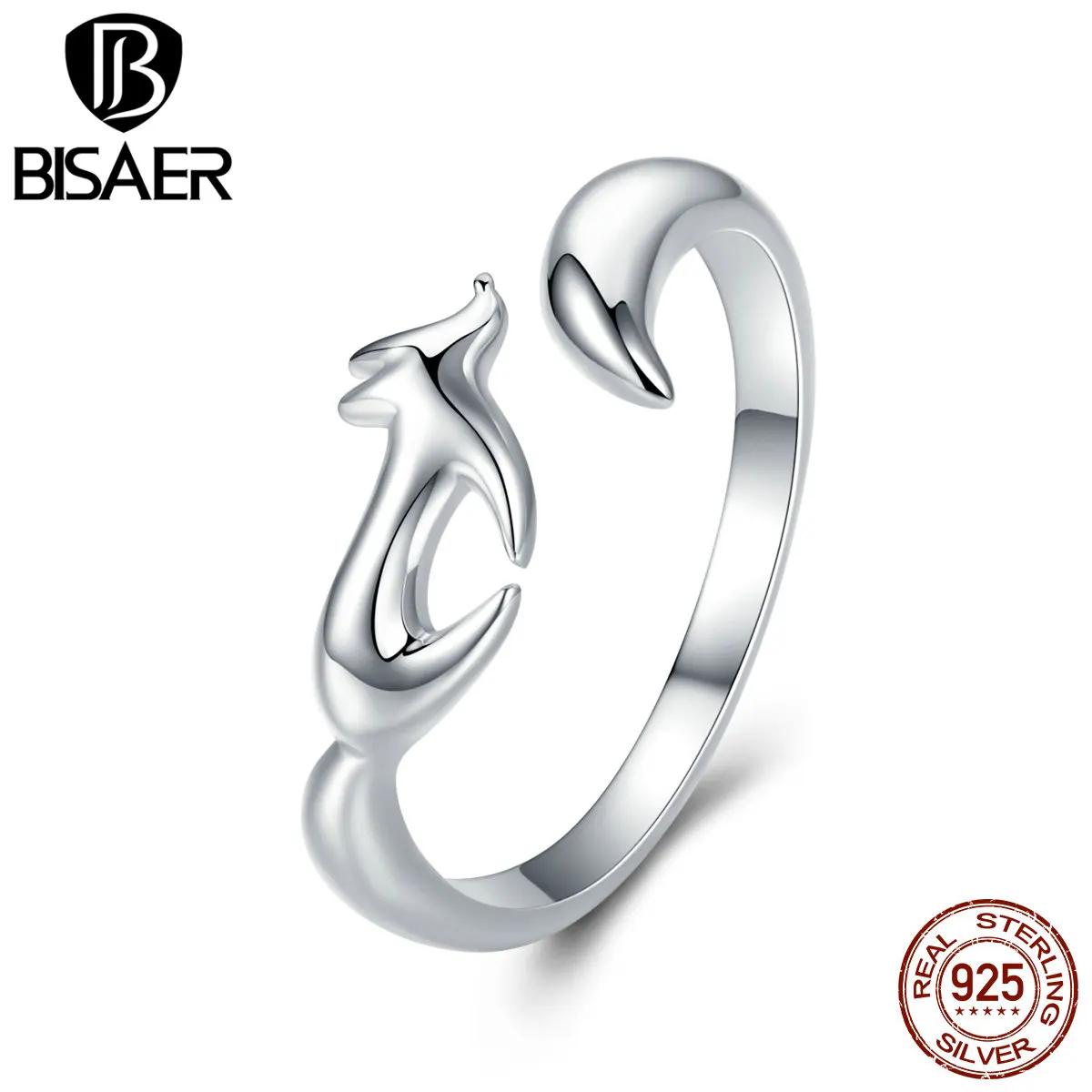 BISAER, 925 пробы, серебряное геометрическое кольцо в форме лисы на палец, регулируемые кольца с животными для женщин, свадебные ювелирные изделия Anel ECR478