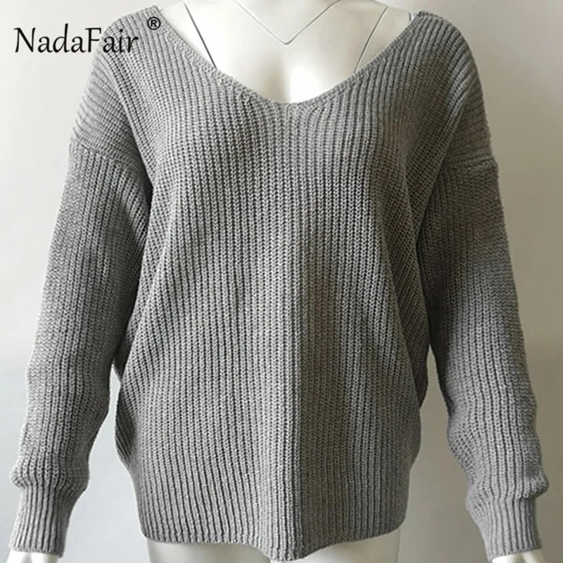 Nadafair, сексуальный свитер с открытой спиной, крест-накрест, женские пуловеры, Осень-зима, длинный рукав, однотонный Повседневный свитер, Женский вязаный джемпер