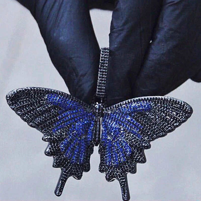 Хип-хоп Новый Кулон-бабочка циркониевый кулон Серебряный Синий Черный ожерелье