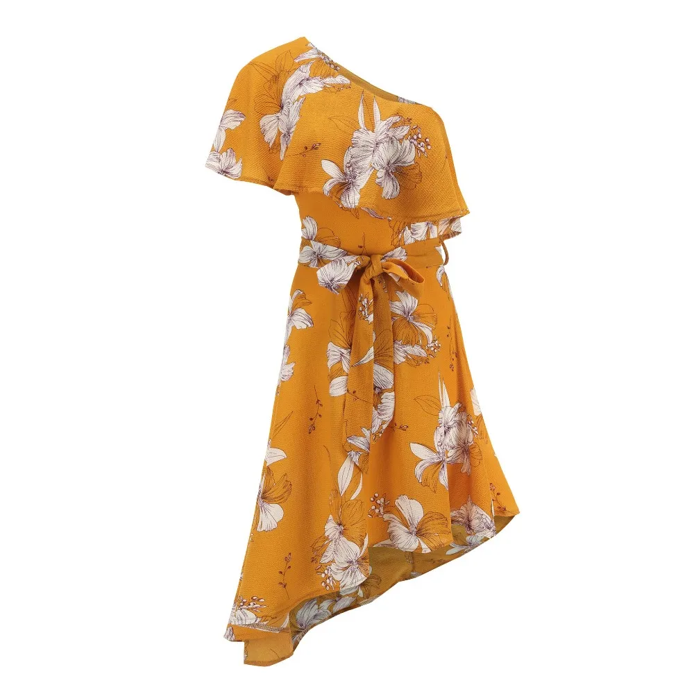 пляжное платье одно плечо асимметричное желтое 2019 одежда больших размеров