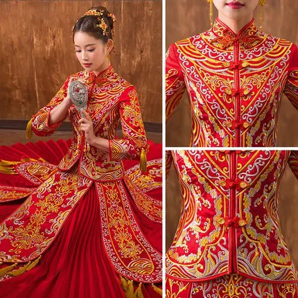 Красное китайское свадебное платье женское с длинным рукавом Cheongsam золотая