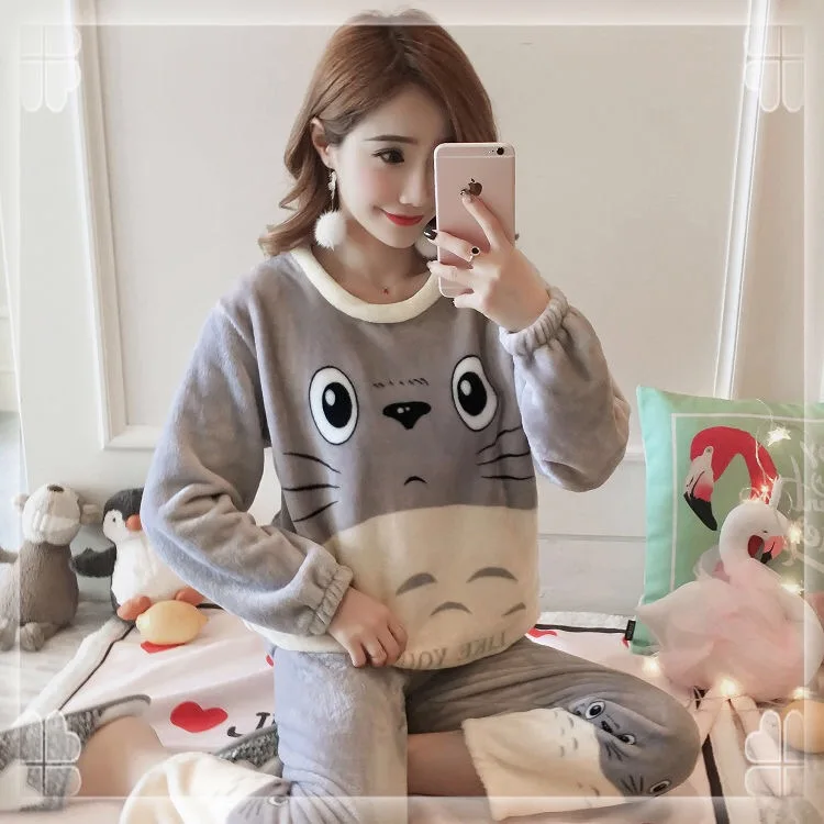 longmao gray Silka Surplus, Женский пижамный комплект, пижама, милый мультяшный женский теплый зимний пижамный комплект, длинный рукав, длинные брюки, 2 предмета - Цвет: longmao gray