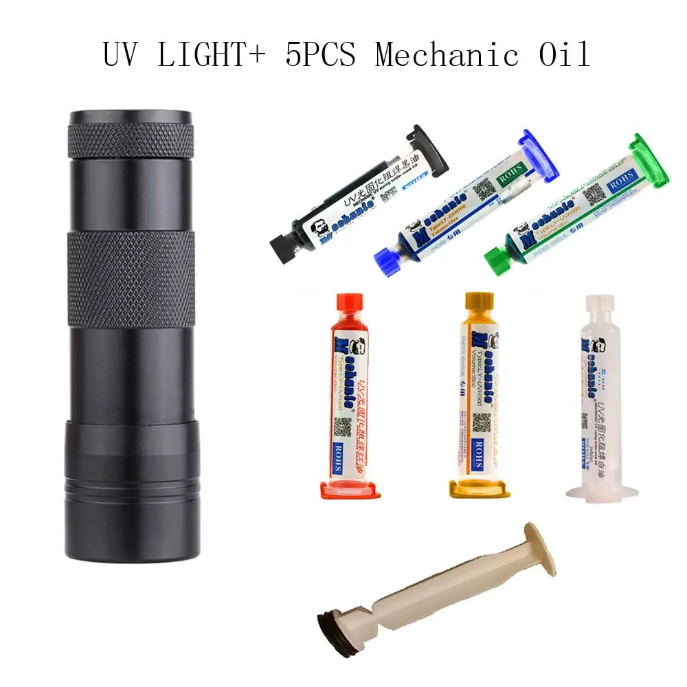 UV light 5pcs oil MECHANIC 10 мл зеленая УФ паяльная маска PCB BGA краска предотвращает КОРРОЗИОННОЕ дуговое пайка сварочные флюсы масло+ 12led УФ светильник+ плунжер - Цвет: UV light 5pcs oil