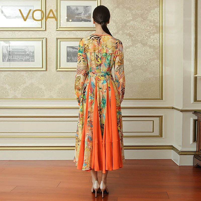 VOA оранжевый Boho для женщин Большие размеры печатных Плиссированное длинное