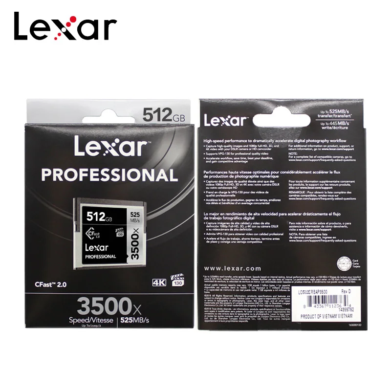 Оригинальная карта памяти Lexar 3500x 64 ГБ 128 256 512 4K высокоскоростная 525 МБ/с. CFast 2 0 для