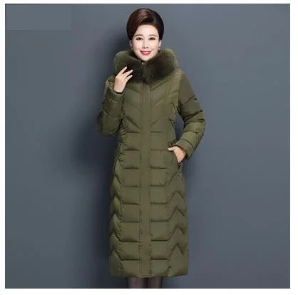 Army green Зимняя куртка X-long с меховым воротником для женщин среднего возраста, парки, теплое толстое пальто с капюшоном, большой размер, пуховое хлопковое Женское пальто 6XL - Цвет: Army green