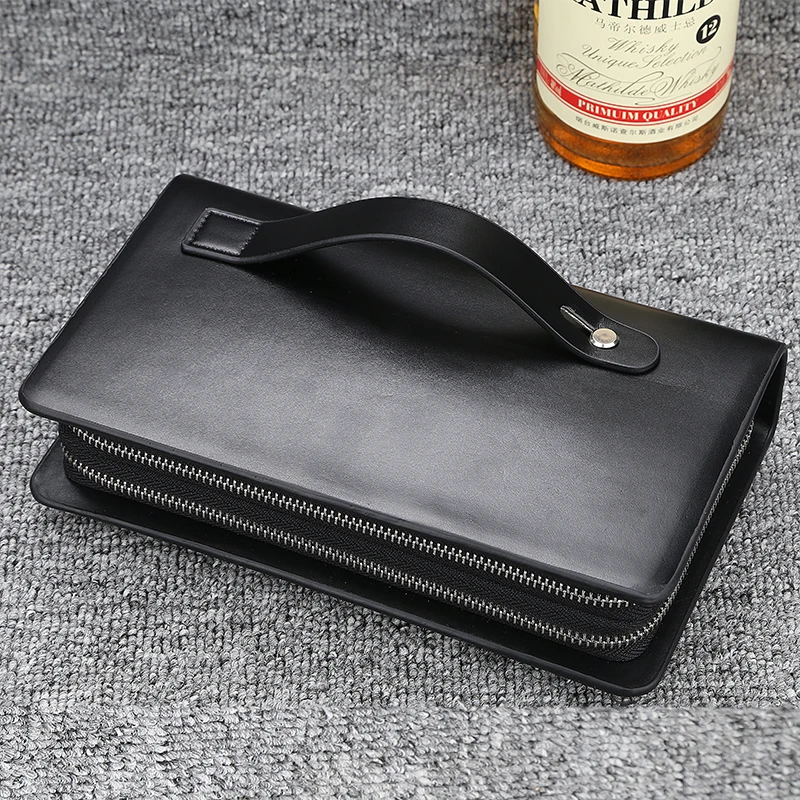 

Baellery PU Men Clutch Wallets Double Zipper Large Capacity Leather Hand Strap Men Wallet Luxurious Business Solid Male Purses
