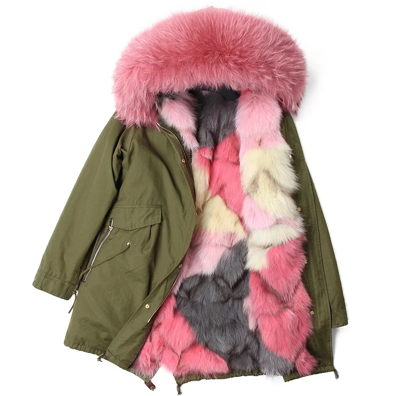 2018 real fur coat Winter Jacket Women Coat Real raccoon Fur collar fox fur liner loose long Parka Streetwear Outerwear