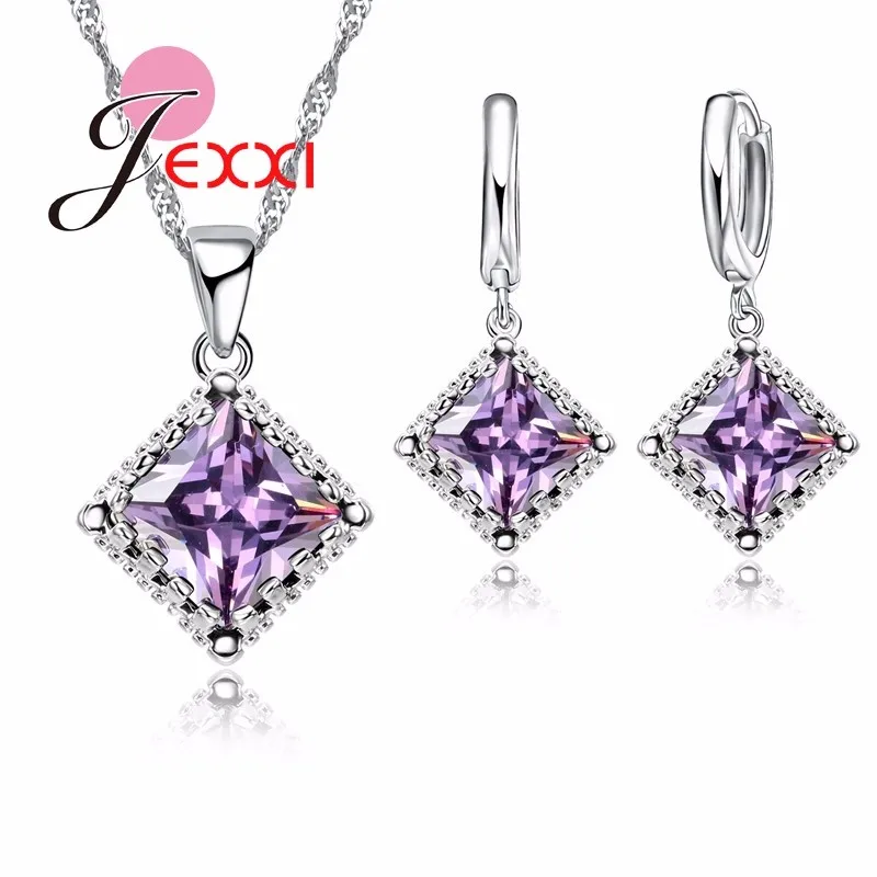 Top Quality 925 Sterling Silver Jewelry Set Classic Square Clear Cubic Zirconia Necklace Earrings for Women Wedding | Украшения и
