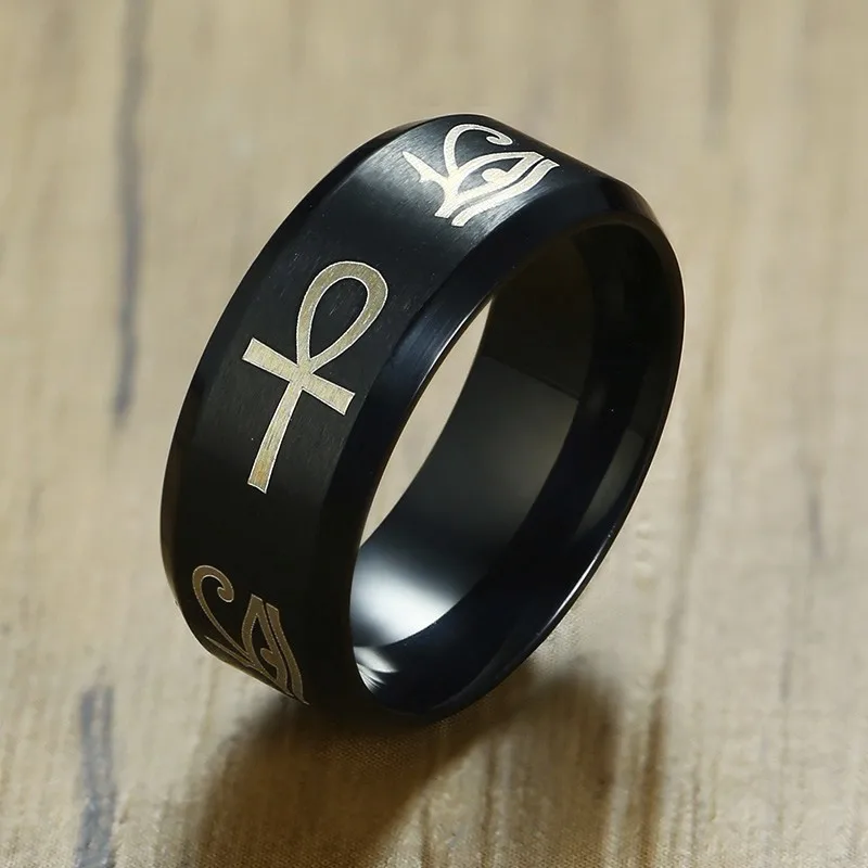 

Men Egyptian Hieroglyph Eye Of Horus Ankh Cross Ring in Black Stainless Steel Wedding Band Male Jewelry