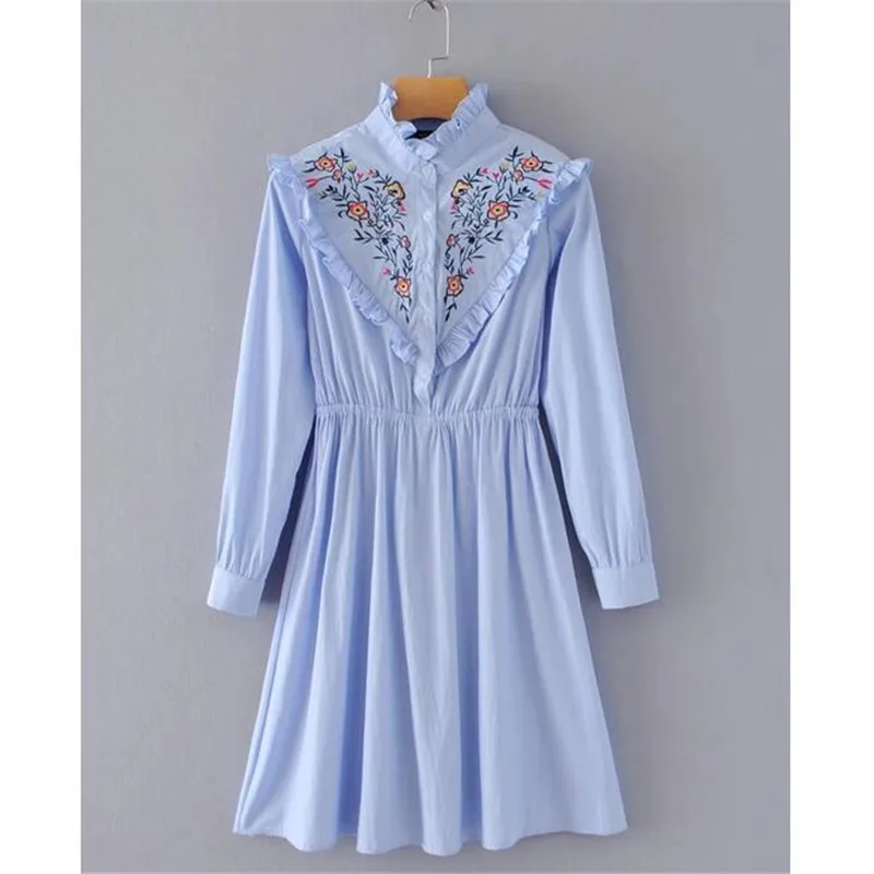 Оборчатый воротник цветочные embroiderey платье Длинные рукава женщин с вышитыми