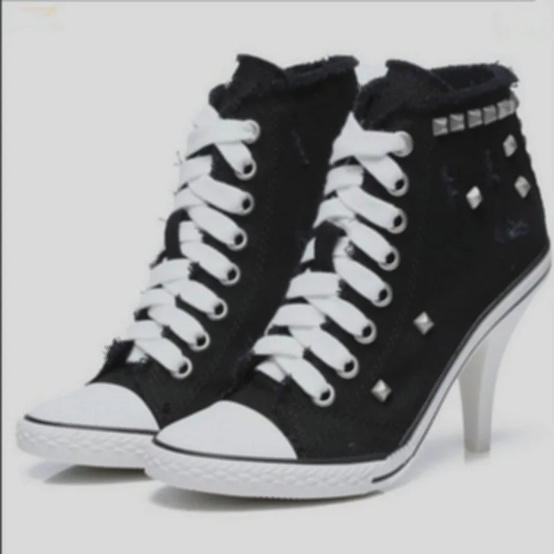 Women Canvas Shoes Denim High Heels black Rivets Shoes Fashion Shoe Laces Sneakers Women Short Boots