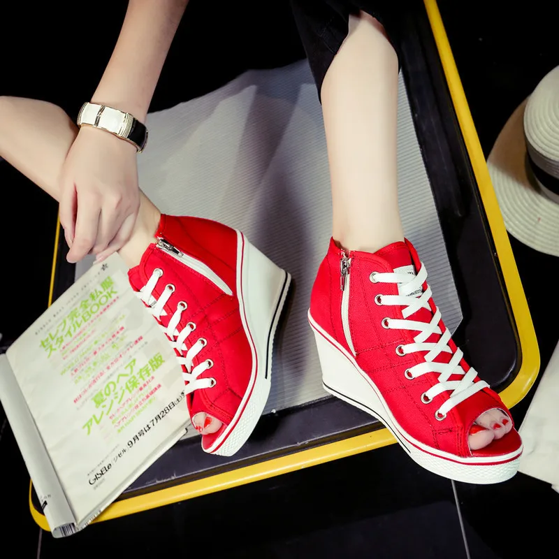Spring summer 2019 new lady Wedges peep toe Canvas Shoes Woman Platform High top Height Increasing Casual big size A138 | Обувь