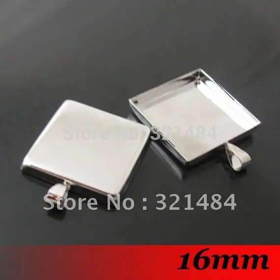 Free ship! 100piece 16mm Silver Plated Tone Metal Square Pendant blanks and base trays bezel cameo cabochon setting