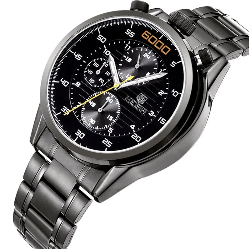 Megir черные часы лучший бренд роскошных мужчин полный стали хронограф 6 руки 24 ч.