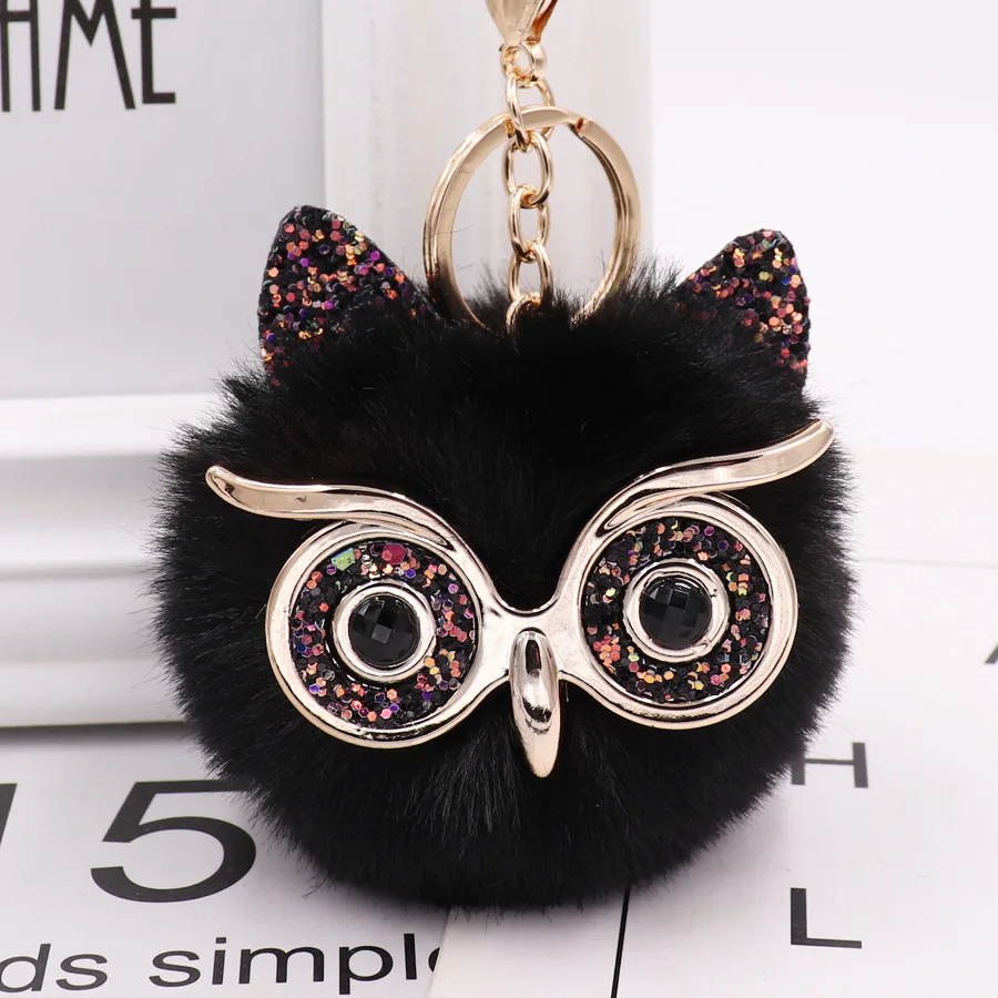 1PCS Cute Fashion Women Handicraft Gold Dust Owl Fur Cony Hair Ball Pom Pom Charm Car Keychain Handbag Key Ring Pendant