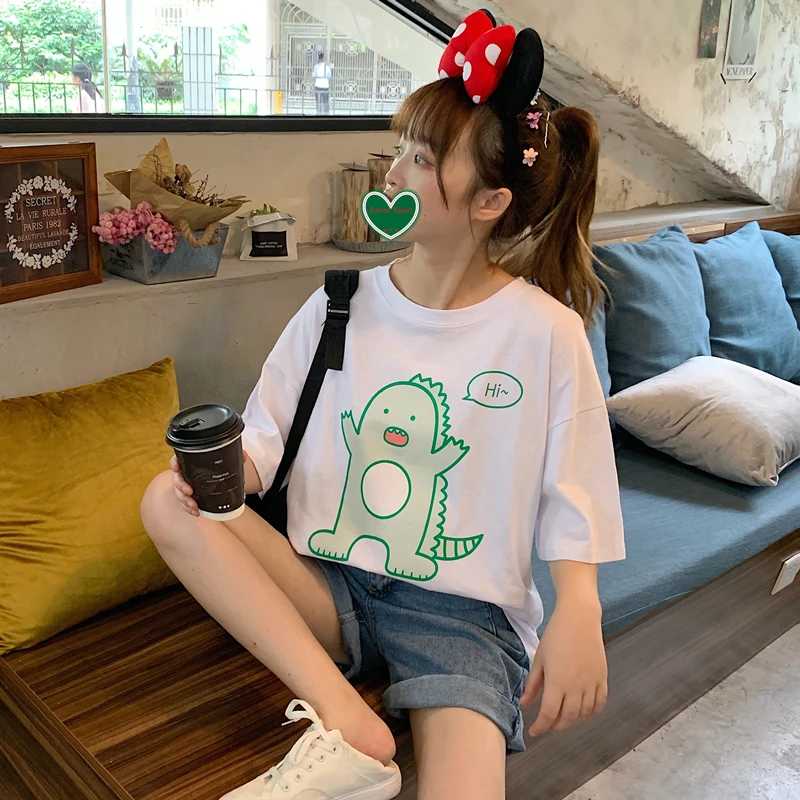 Ins свободная футболка с динозавром из мультфильма женские футболки Харадзюку