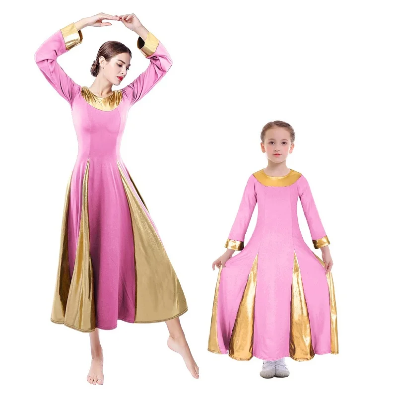 Pink with Gold Элегантный церковь платья для Для женщин взрослых и Девочка Семейные комплекты похвалы плиссированное платье балетное платье литургические платье для танцев - Цвет: Pink with Gold