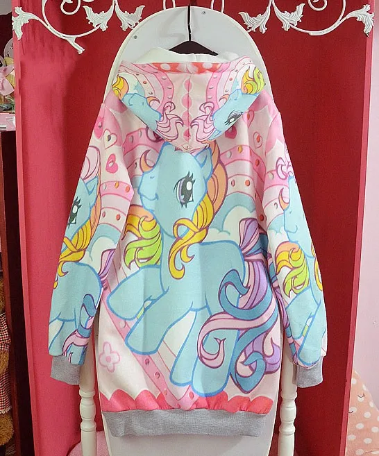 Милые зимние женские Лолита мой маленький пони лошадь Kawaii Свободная Толстовка торт Harajuku с длинным рукавом Футболка Фея Кай красочные