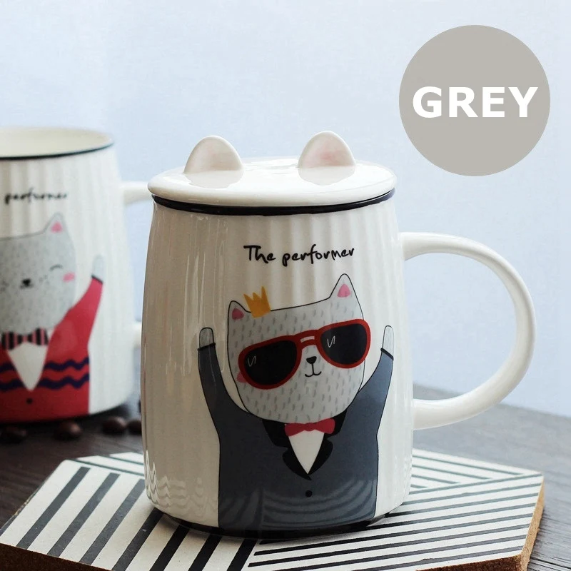 grey Мультяшная кошка кружка полосы тисненые керамические кружки креативная кофейная чашка индивидуальная чайная кружка с крышкой милый кот чашка белые молочные чашки - Цвет: grey