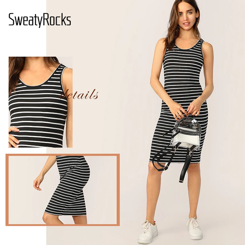 SweatyRocks Полосатое приталенное женское Шифоновое Платье облегающее с глубоким вырезом облегающее платье повседневное женское летнее платье миди без рукавов