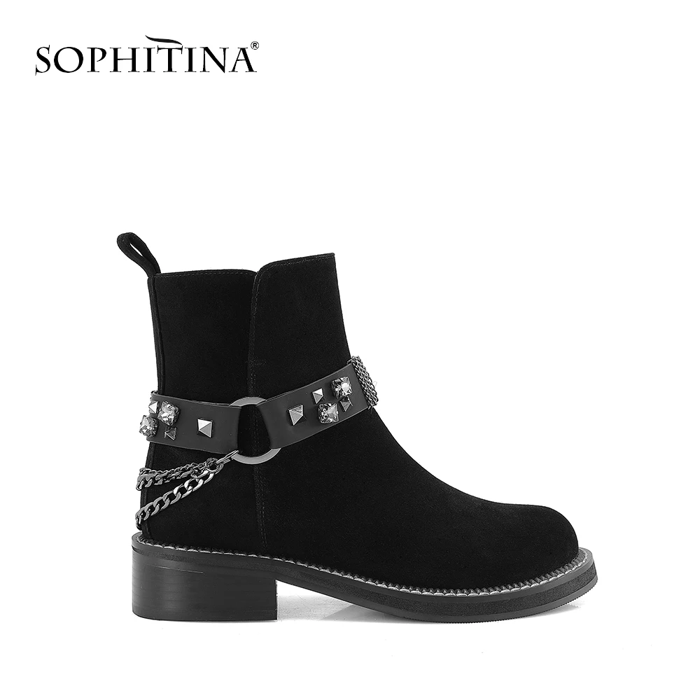 SOPHITINA/женские ботильоны; Новинка года; модные замшевые ботинки в стиле ретро с круглым носком; теплые зимние ботинки в байкерском стиле; ботинки с металлической цепочкой; M11