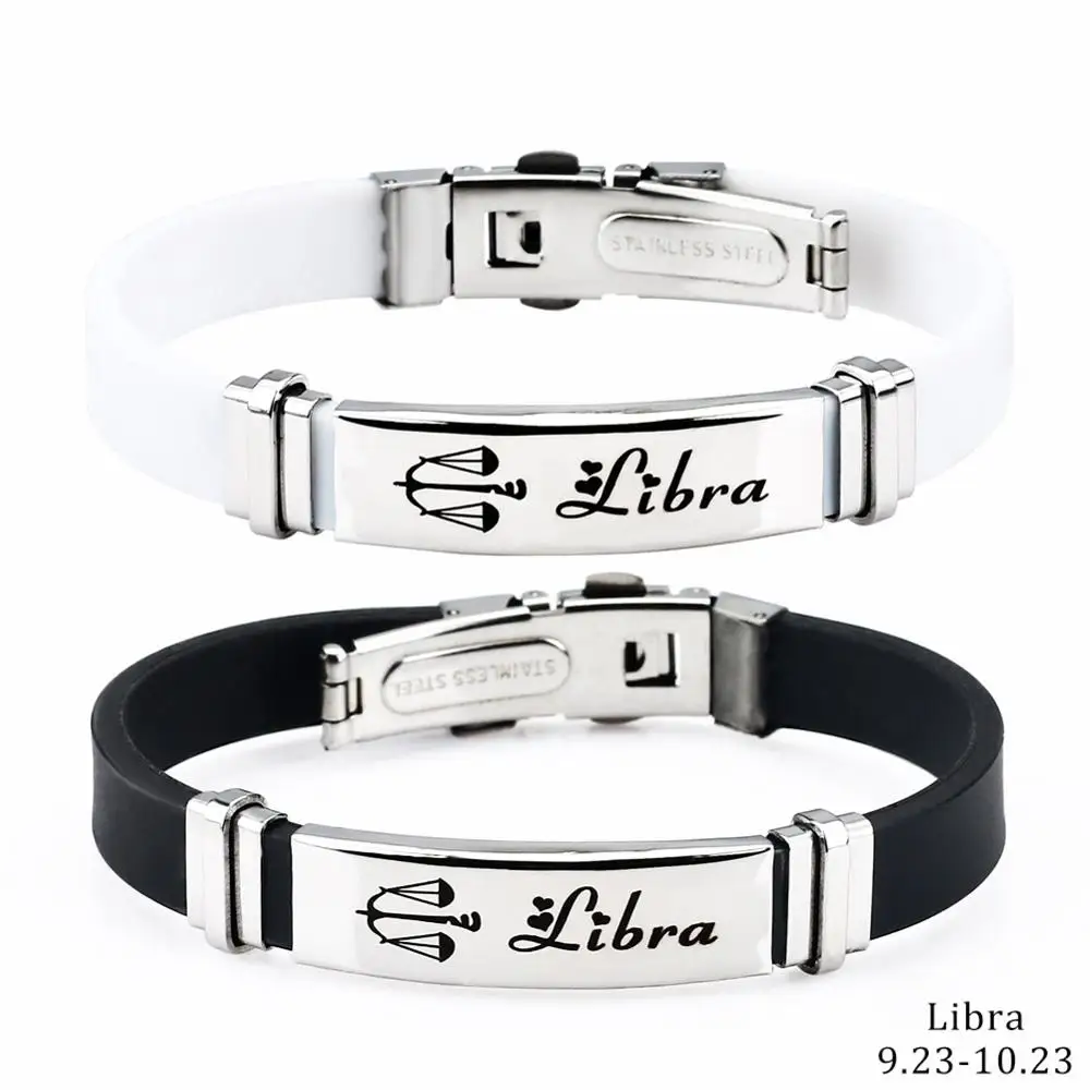 libra 2 шт./компл. пара 12 созвездий силиконовый браслет Модные украшения Нержавеющая сталь Повседневное зодиака резиновый браслет Для мужчин Для женщин - Окраска металла: libra