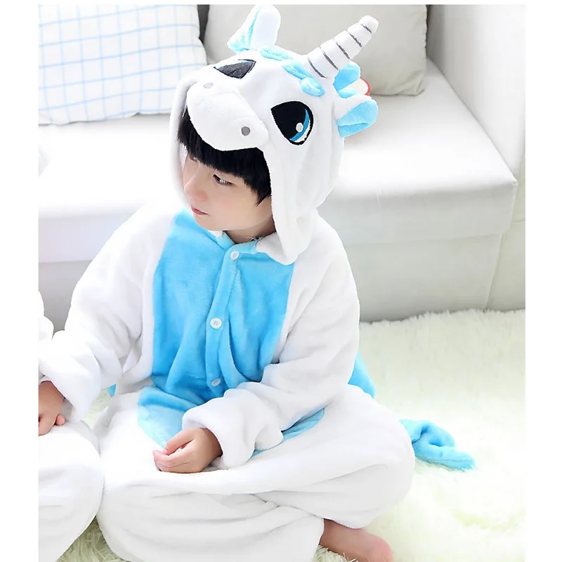 Фланель синий пижама комбинезон Единорог Пижама Детская сиамская Общий домашний