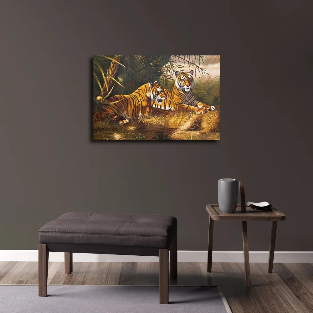 Два тигра травы животных природные пейзажи. HD Печать на холсте украшение дома