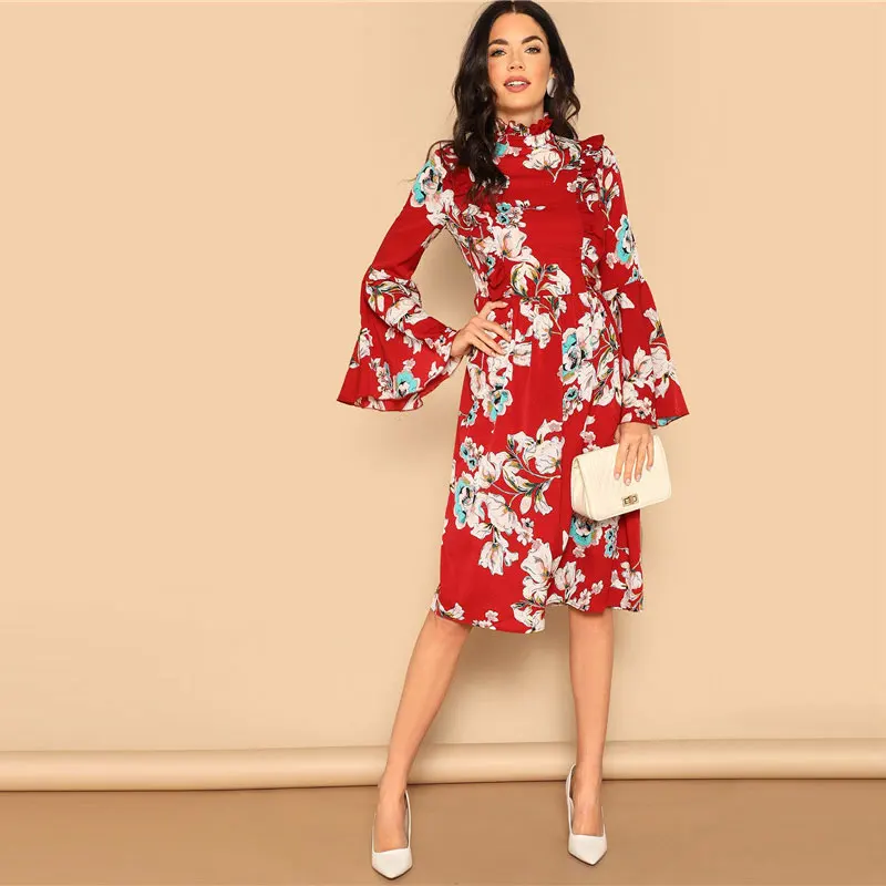 SHEIN Платье С Цветочным Принтом И Оригинальным Рукавом Женские Элегантные Платья С Цветочным Принтом С Высокой Талией Для Отдыха