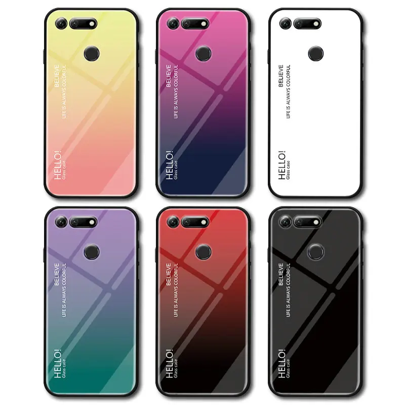 For Huawei Honor 7X 8A 9 9Lite V20 View 20 Case Fashion Gradient Tempered Glass Back Shell Soft Edge Shockproof Phone Cover |