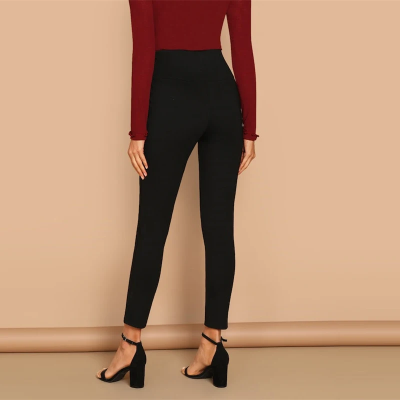 SHEIN черные узкие обычные брюки на пуговицах Highstreet, одноцветные облегающие кроп, женские повседневные уличные зимние леггинсы
