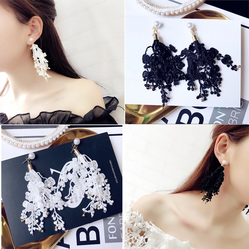 1 пара длинные жемчужные серьги гвоздики с кружевной кисточкой элегантные