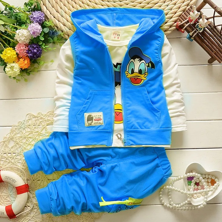 2018 Kids Clothing Boys Cartoon Jackets Donald Duck Hoodie Vest + Full Sleeve Shirt Pants 3 Pieces Suit For Baby Girls clothes | Детская