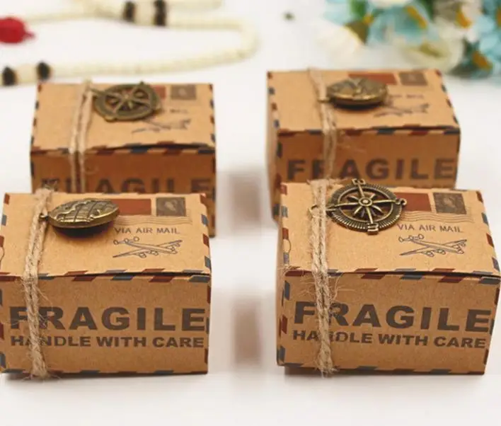 

Vintage kraft paper favor box with compass globe pendants Airplane Air Mail Parcel candy gift box birthday party wedding decor