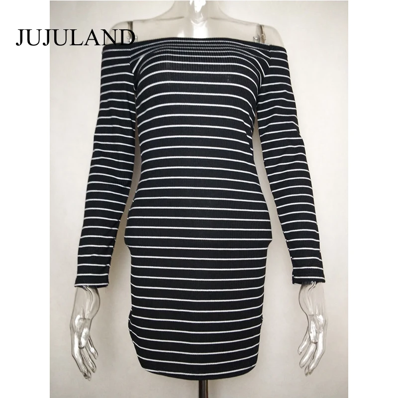 2017 г. женские платье с должны Slash шеи в полоску длинными рукавами Повседневная