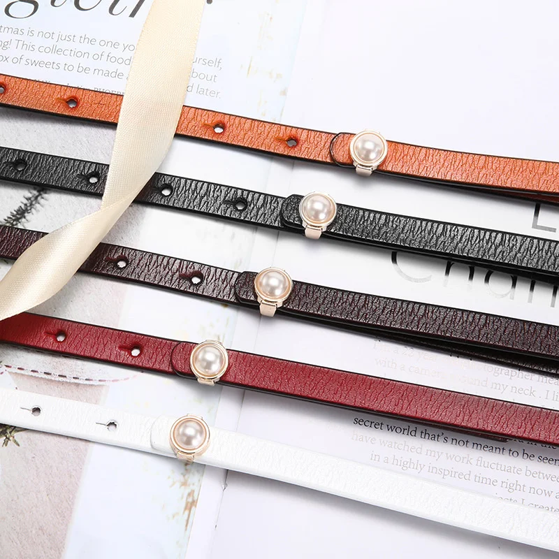 

2019 Female Dress Belt Skinny Strap Designer Women's Belt Women Genuine Leather Belts Gold Pearl Buckle Fashion Waistband