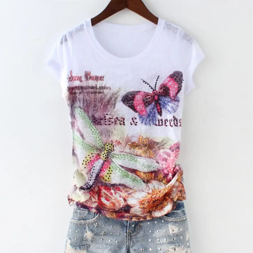 2021 Summer new silk fashion diamond printed dragonfly butterfly slim women short-sleeved T-shirt | Женская одежда
