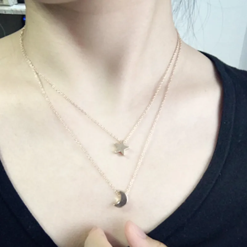 Bijoux Punk Star Moon Pendant Long Necklace For Women Jewelry Metal Multilayers Chain colar feminino Clavicle x226 | Украшения и