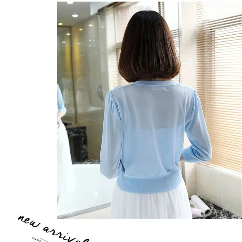 Solid Color Knit Cardigan Women Short Outside Shawl Sunscreen Summer Thin Top V-neck Seven Point Sleeve Shirt Coat f454 |