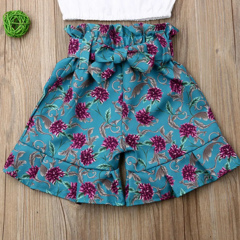 3PCS Toddler Kids Baby Girl Clothes Sling Ruffle Vest Tops Shorts Outfits Set Off-Shoulder | Детская одежда и обувь