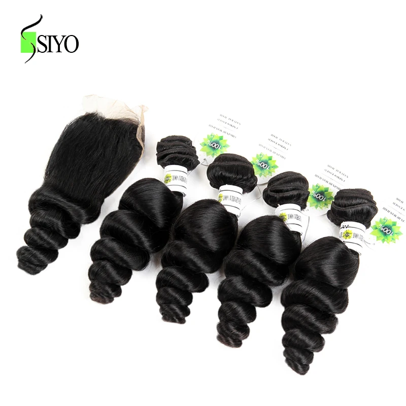 

SIYO Hair 4 Bundles Loose Wave Non-remy Human Hair Bundles With Closure Brazilian Hair Weave Bundles With Closure Free Part