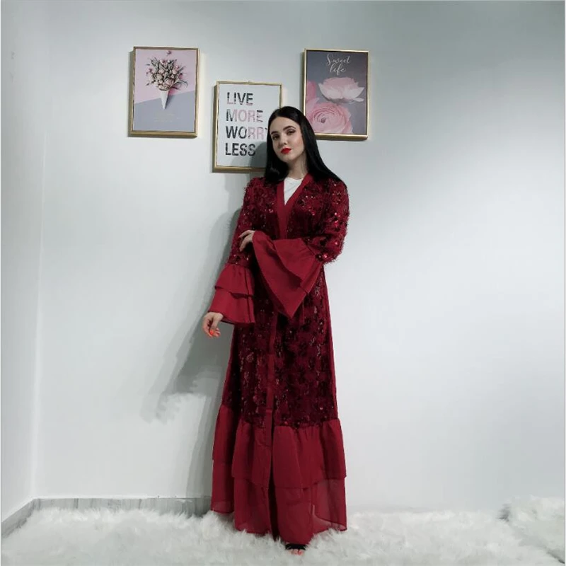 Мода Дубай блёстки Абая для женщин роскошное мусульманское Макси caftan открытое переднее арабское турецкое исламское платье Абая Дамская одежда